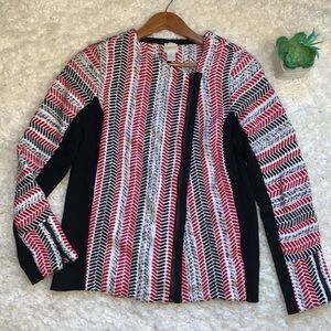CHICOS Sofia Textured chevron Tweed red, white, black Zip Cardigan Jacket